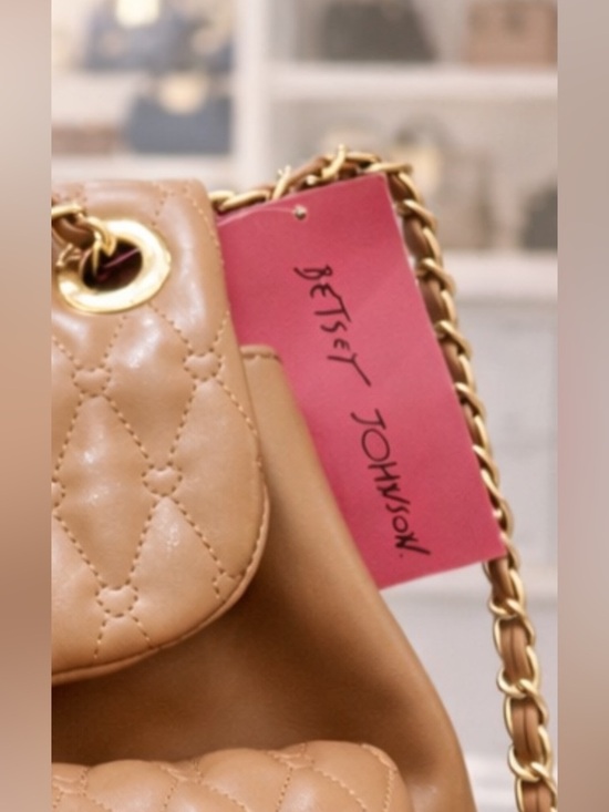 NWT-Betsy Johnson Quilted Backpack Purse Tan Gold Chain heart Logo